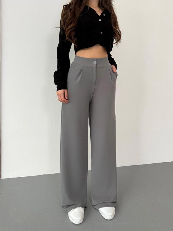 Bikelife Kadın Açık Gri Likralı Palazzo Salaş Geniş Paça Pantolon Açık Gri L - Image 1