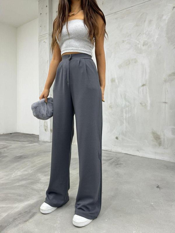 Bikelife Kadın Gri Likralı Palazzo Salaş Geniş Paça Pantolon Gri L - Image 1