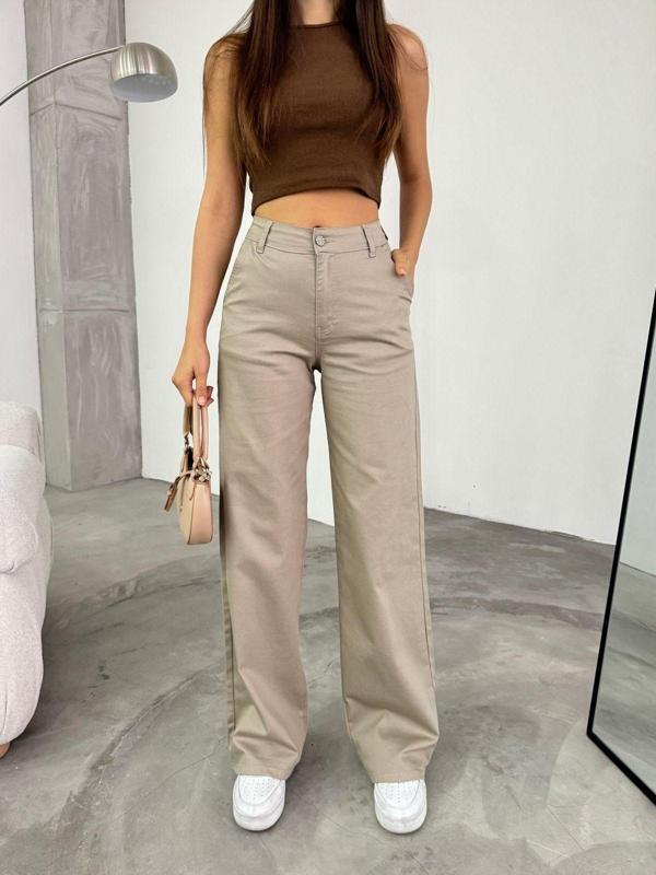 Bikelife Kadın Bej Yüksek Bel Likralı Esnek Geniş Paça Palazzo Pantolon Bej XS - Image 1