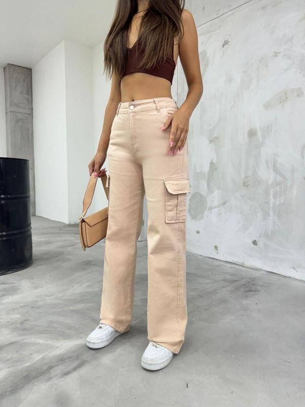 Bikelife Kadın Krem Yüksek Bel Geniş Paça Kargo Pantolon Krem 40 - Image 1