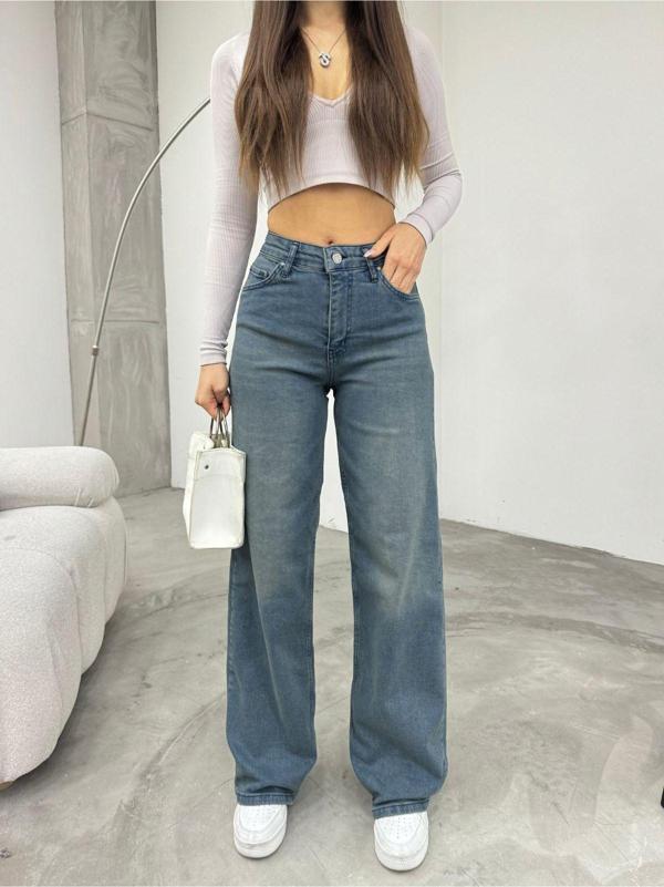 Bikelife Kadın Soluk Efekt Vintage Yüksek Bel Wide Leg Jeans Efektli Mavi 42 - Image 1