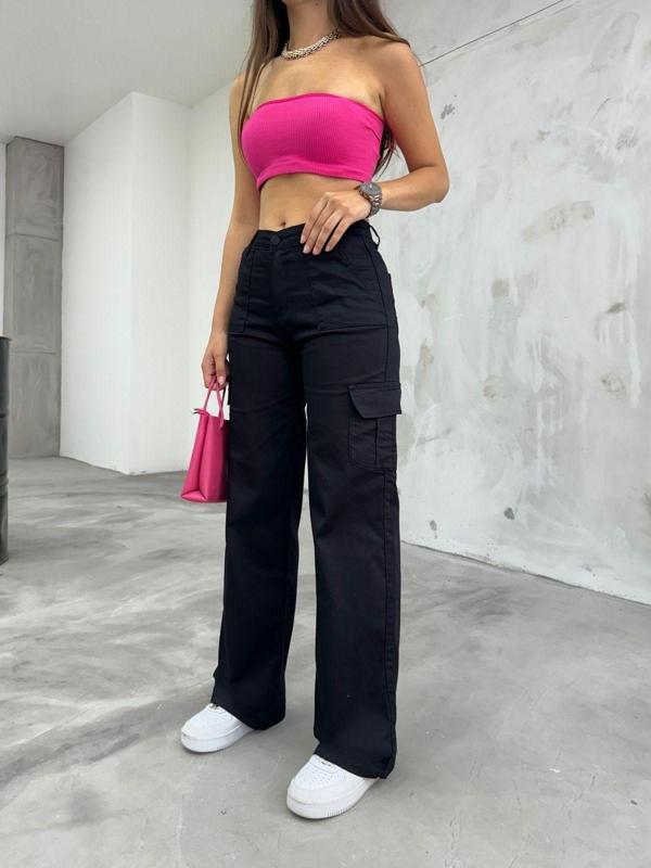 Bikelife Siyah Kargo Cepli Likralı Yüksek Bel Wide Leg Pantolon Siyah XL - Image 1