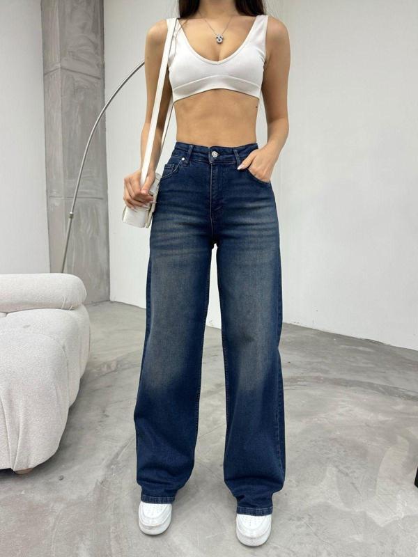 Bikelife Kadın Soluk Efekt Vintage Yüksek Bel Wide Leg Jeans Efektli Lacivert 32 - Image 1