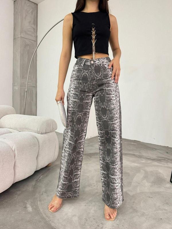 Bikelife Kadın Yılan Desenli Yüksel Bel Geniş Paça Lıkralı Palazzo Pantolon Füme 40 - Image 1