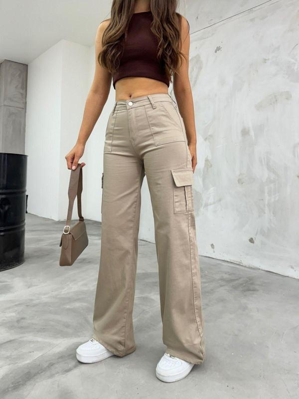 Bikelife Bej Kargo Cepli Likralı Yüksek Bel Wide Leg Pantolon Bej S - Image 1