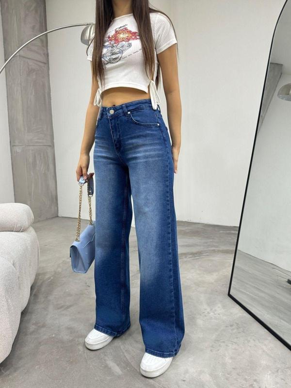 Bikelife Kadın Mavi Soluk Efekt Likralı Yüksek Bel Geniş Paça Bol,Salaş Palazzo Jeans Mavi 34 - Image 1