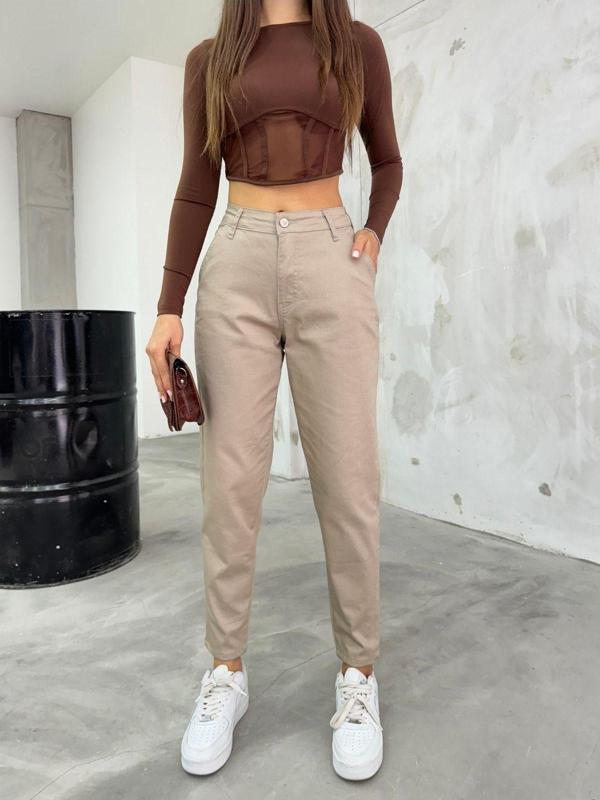 Bikelife Kadın Yüksek Bel Likralı/Esnek Mom Pantolon Bej 36 - Image 1