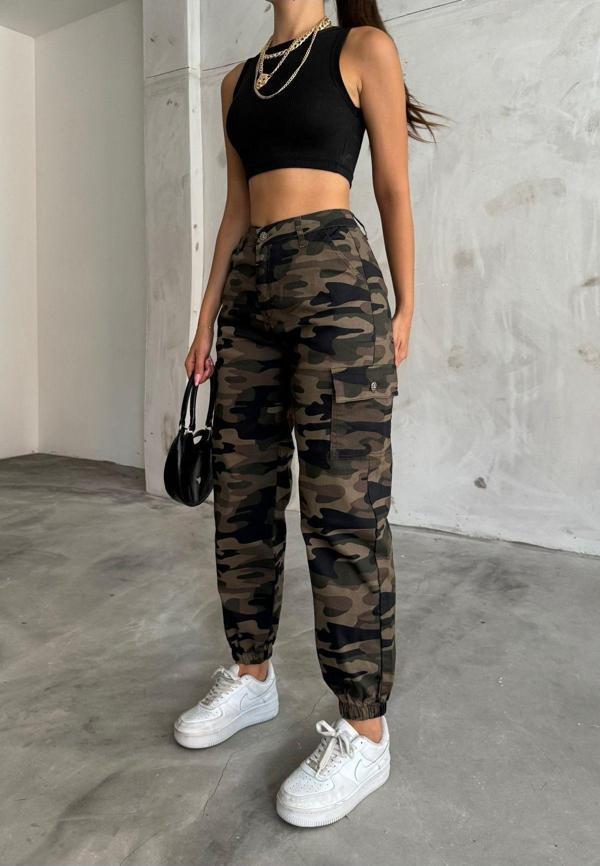 Bikelife Kamuflaj Desen Yüksek Bel Kargo Cepli Pantolon Yeşil S - Image 1
