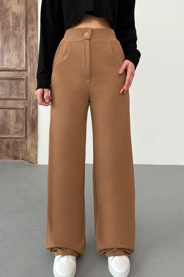 Bikelife Kadın Taba Likralı Palazzo Salaş Geniş Paça Pantolon Taba 2XL - Image 1