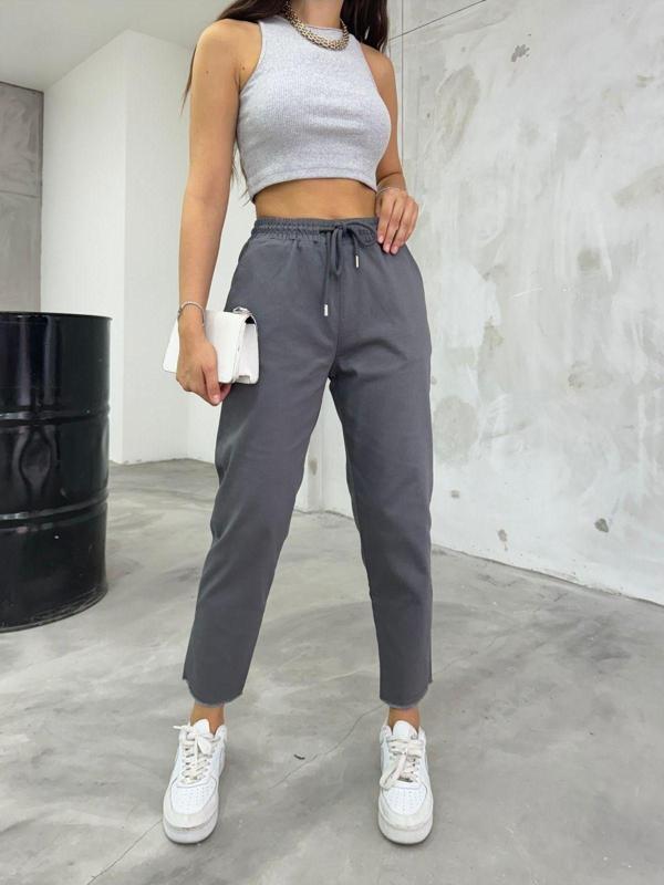 Bikelife Kadın Pamuk Ve Keten Karışımlı Yüksek Bel Dar Kesim Cepli Pantolon Gri XL - Image 1
