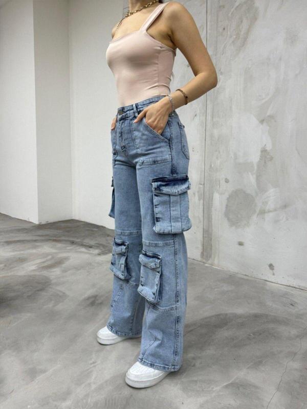 Bikelife Mavi Yüksek Bel Çok Cepli Straight Fit Kargo Pantolon Mavi 34 - Image 1
