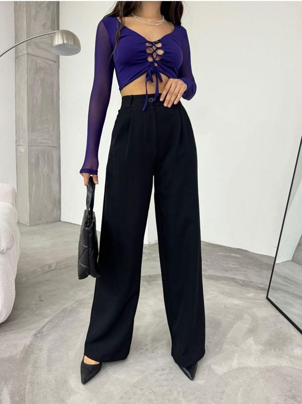 Bikelife Kadın Yüksek Bel Geniş Paça Palazzo Kumaş Pantolon Siyah 36 - Image 1