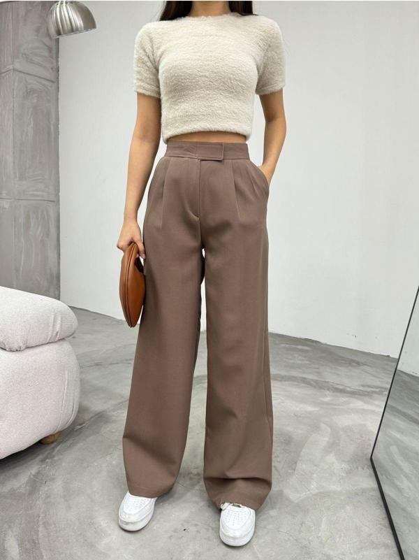 Bikelife Kadın Yüksek Bel Cırt Kapama Palazzo Kumaş Pantolon Vizon 40 - Image 1