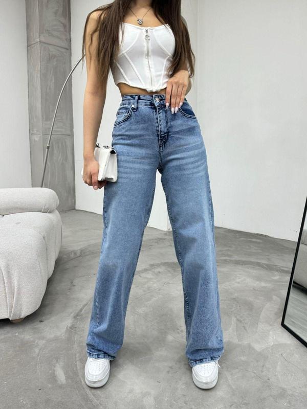 Bikelife Kadın Soluk Efekt Vintage Yüksek Bel Wide Leg Jeans Açık Mavi XL - Image 1