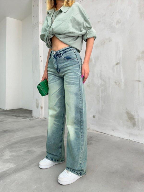 Bikelife Kadın Soluk Efekt Vintage Yüksek Bel Wide Leg Jeans Buz Mavisi 36 - Image 1