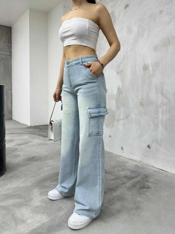 Bikelife Kadın Soluk Efekt Vintage Yüksek Bel Wide Leg Kargo Pantolon Buz Mavi 42 - Image 1