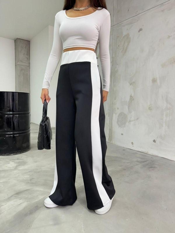 Bikelife Kadın Siyah Yanı Şeritli Scuba Wide Leg Pantolon Siyah L - Image 1