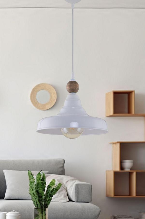 Dede Tekli Cono Sıvama Metal Sarkıt Avize Ahşaplı Beyaz 62 cm - Image 1
