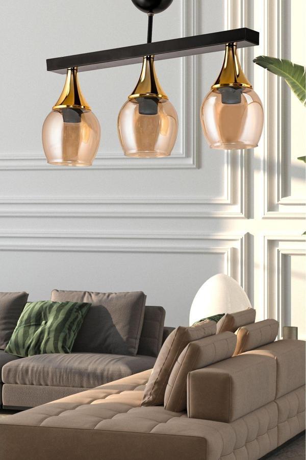 Dede Üçlü Ufo Sarkıt Avize Siyah Bal Rengi Camlı Gold Huni 27 cm - Image 1