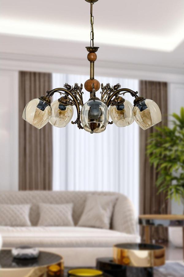 Dede Beş Kollu Ahşaplı Eskitme Lale Zamak Avize Bal Rengi Camlı 20x65 cm - Image 1