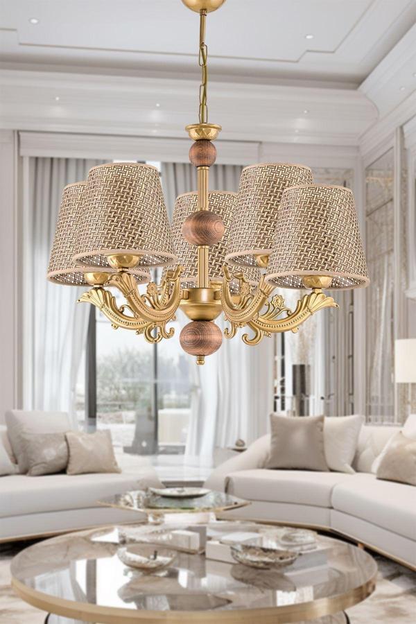 Dede Beş Kollu Ahşaplı Eskitme Zamak Metal Döküm Avize Kahverengi Rattan Hasır Şapkalı 70x52 cm - Image 1