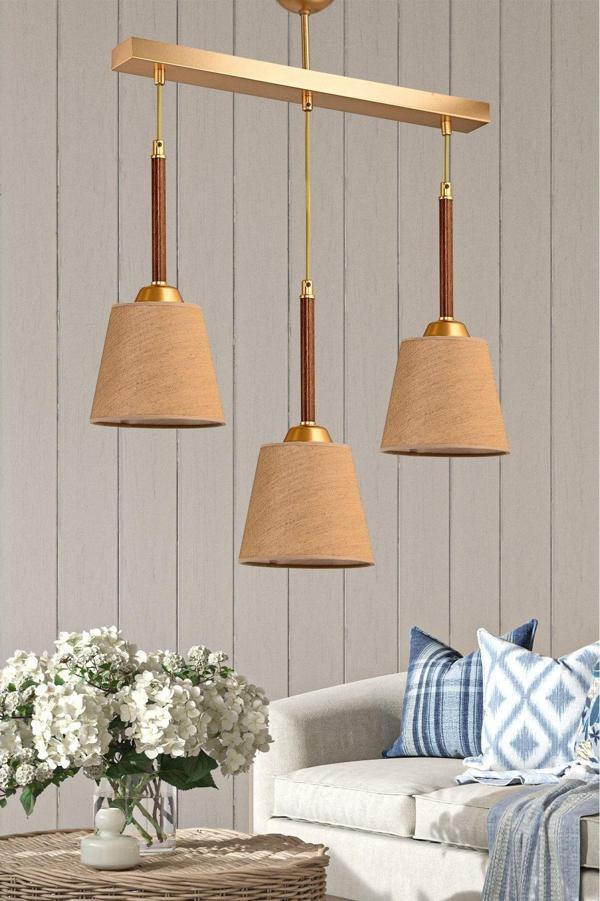 Dede Cakalı Üçlü Sarkıt Avize Ceviz Abajur Şapkalı 50x61 cm - Image 1