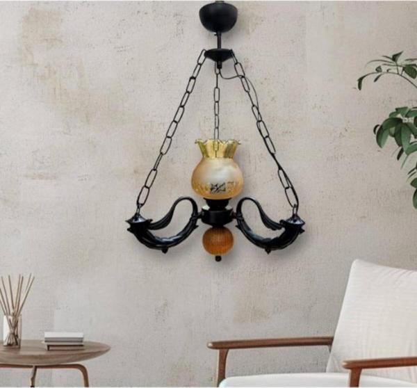 Dede Tekli Riga Avize Zincirli Siyah Buzlu Bal Rengi Camlı 30x60 cm - Image 1