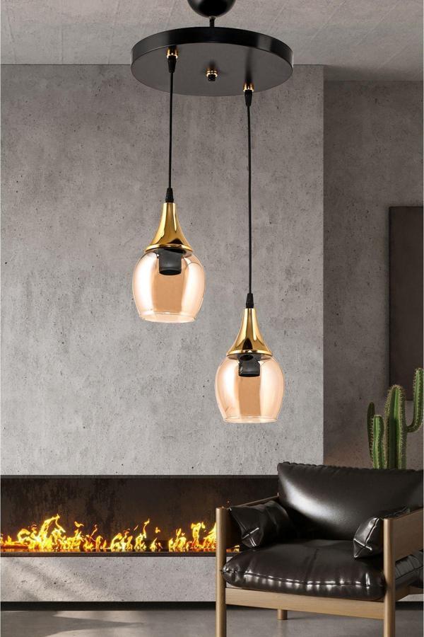 Dede İkili Embudo Tepsili Avize Gold Huni Bal Camlı 31x40 cm - Image 1