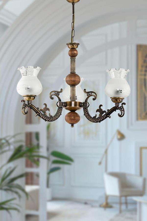 Dede Üç Kollu Ahşaplı Eskitme Elbe Döküm Zamak Avize Mat Beyaz Camlı 20x65 cm - Image 1