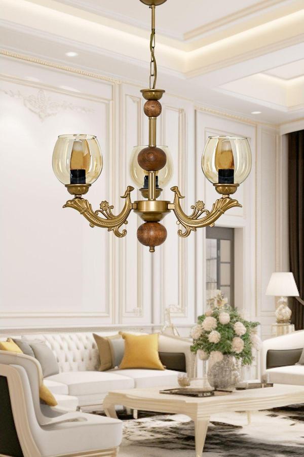 Dede Üç Kollu Ahşaplı Eskitme Sava Zamak Avize Bal Rengi Camlı 20x65 cm - Image 1