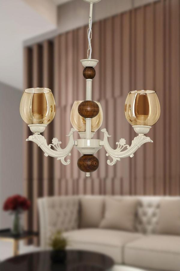 Dede Üç Kollu Ahşaplı Krem Rengi Sava Zamak Avize Bal Rengi Camlı 20x65 cm - Image 1