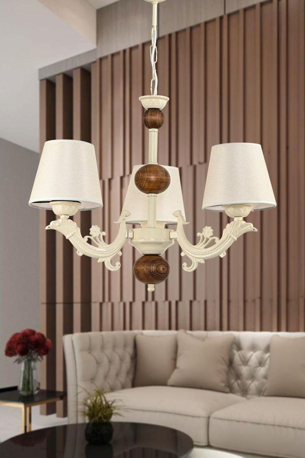 Dede Üç Kollu Ahşaplı Krem Rengi Sava Zamak Avize Krem Rengi Şapkalı 20x65 cm - Image 1