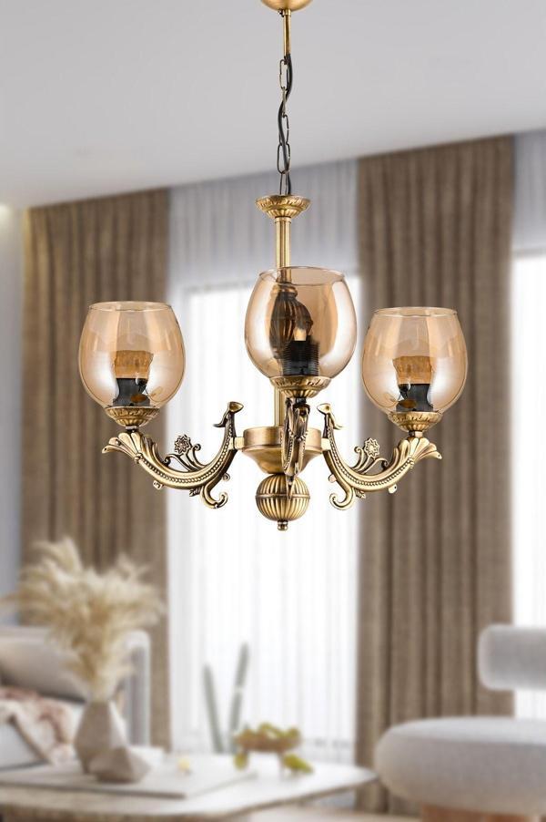 Dede Üç Kollu Sava Zamak Avize Bal Rengi Camlı 20x65 cm - Image 1