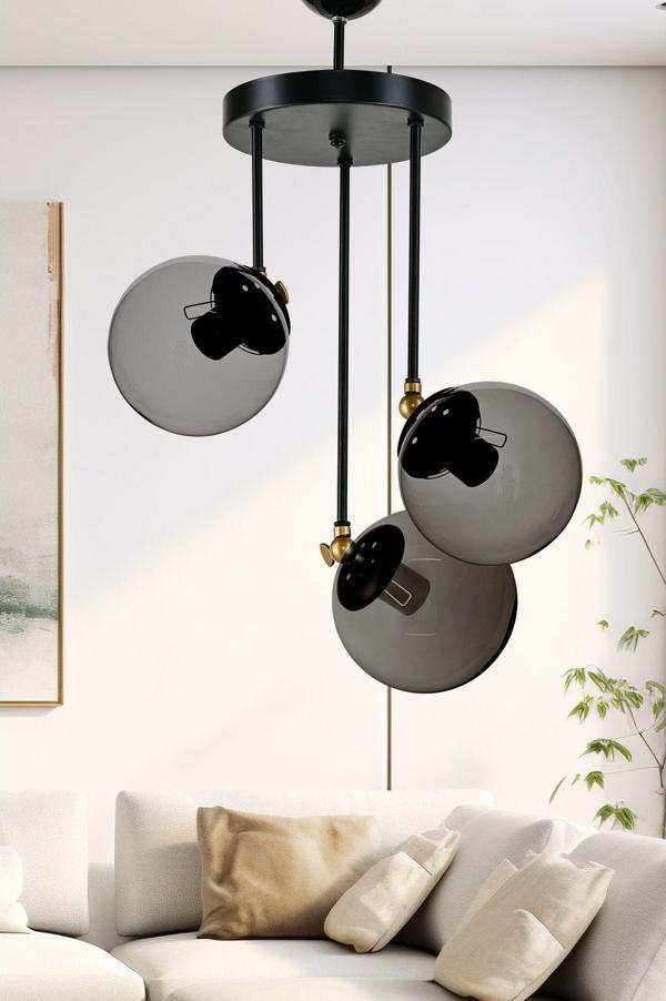 Dede Üçlü Nero Modern Avize Füme Glop Camlı 29x50 cm - Image 1