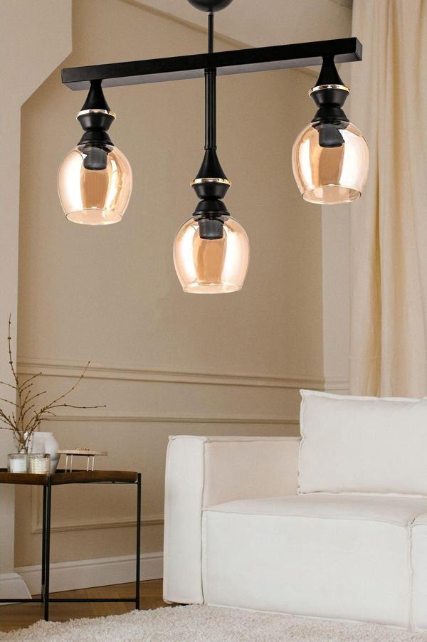 Dede Üçlü Ufo Sarkıt Avize Siyah Bal Rengi Camlı 27 cm - Image 1