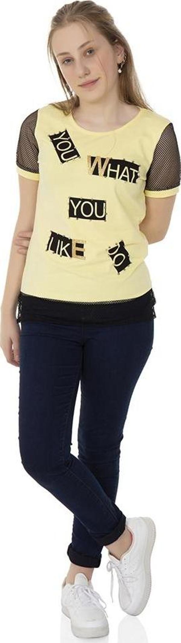 Toontoy Kız Çocuk Kolları Fileli Yazı Baskılı Tişört - Image 1