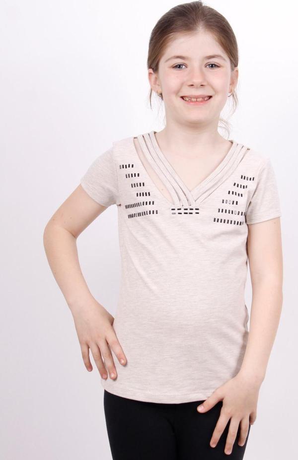 Toontoy Kız Çocuk Yaka Biyeli Taşlı Tişört - Image 1
