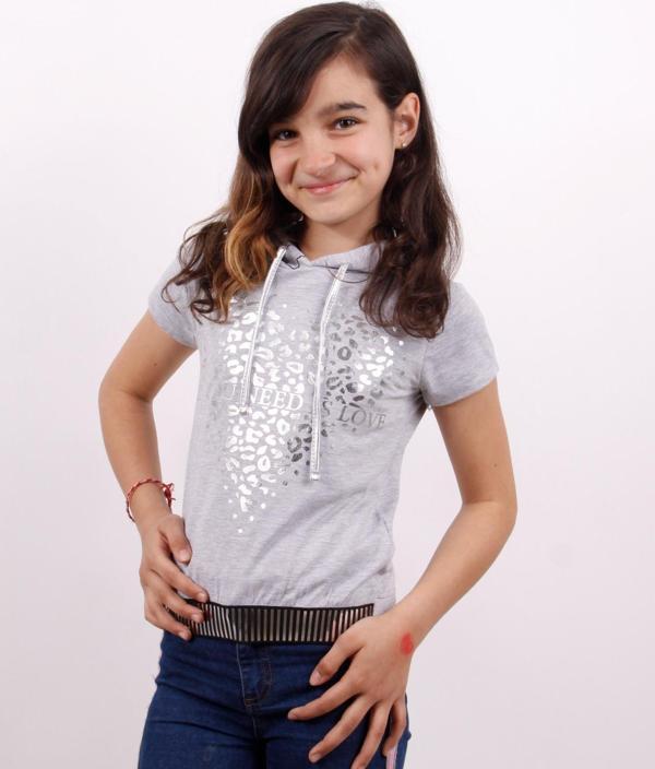 Toontoy Kız Çocuk Kapüşonlu Varak Baskılı Tişört - Image 1