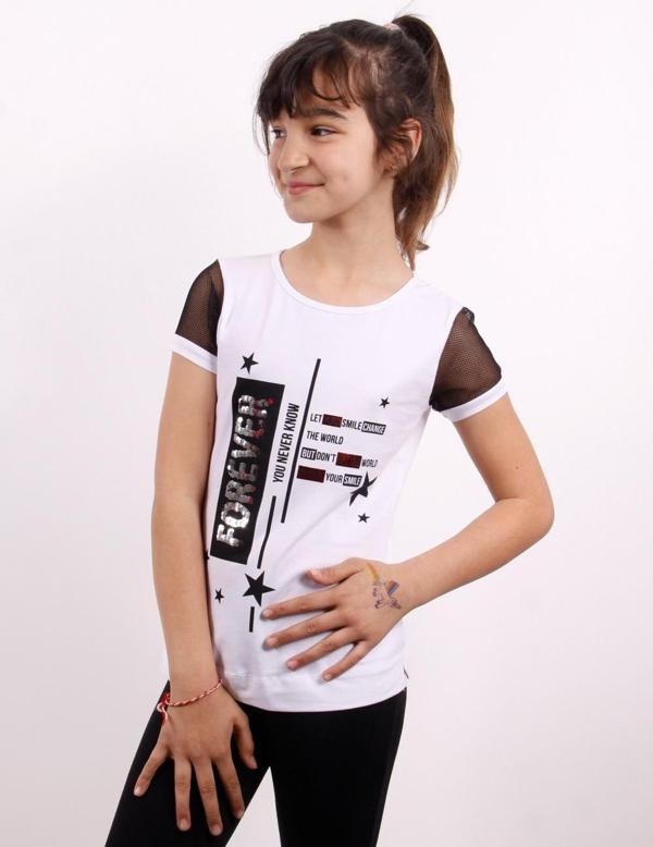 Toontoy Kız Çocuk Yıldız Baskılı Kol Tarafı Fileli Tişört - Image 1