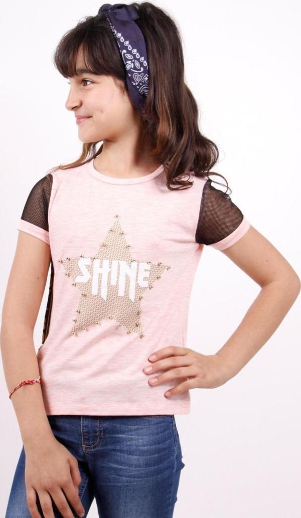 Toontoy Kız Çocuk Shine Yıldız Baskılı Kol Kısmı Fileli Tişört - Image 1