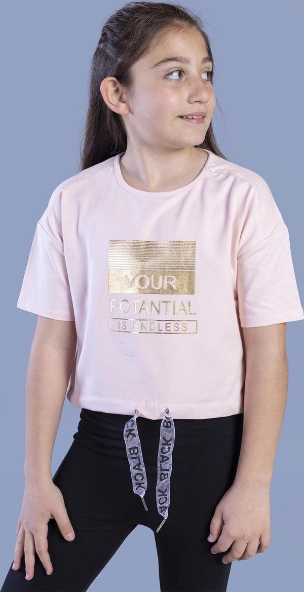 Toontoy Kız Çocuk Crop Model Kordon Detaylı Varak Baskılı Tişört - Image 1