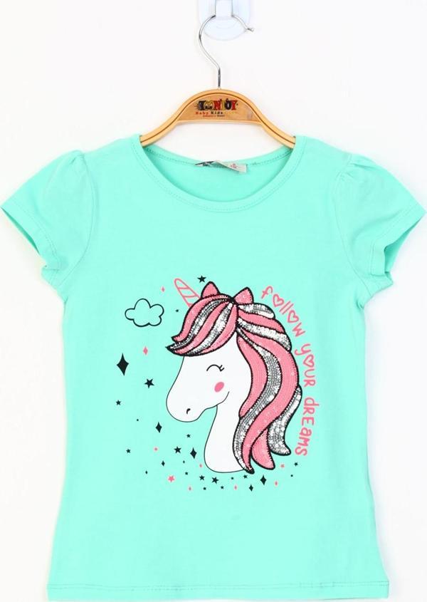 Toontoy Kız Çocuk Unicorn Baskılı Pul İşlemeli Tişört - Image 1