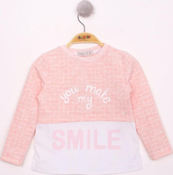 Toontoy Kız Çocuk Kareli Kumaşlı Smile Baskılı T-Shirt - Image 1