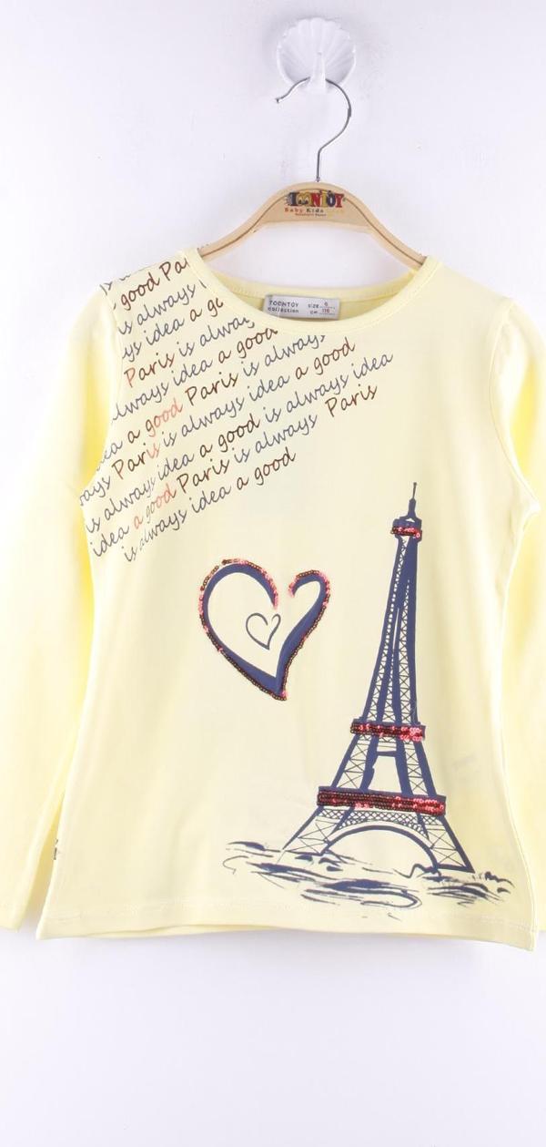 Toontoy Kız Çocuk Paris Baskılı Pul Detaylı Tişört - Image 1