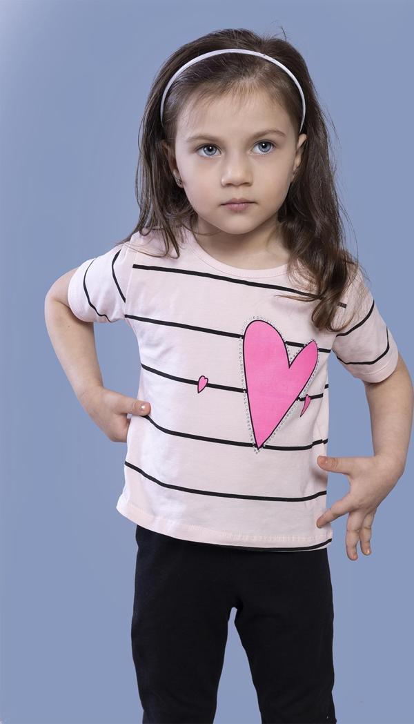 Toontoy Kız Çocuk Çizgli Kalp Baskılı Taş İşlemeli Tişört - Image 1