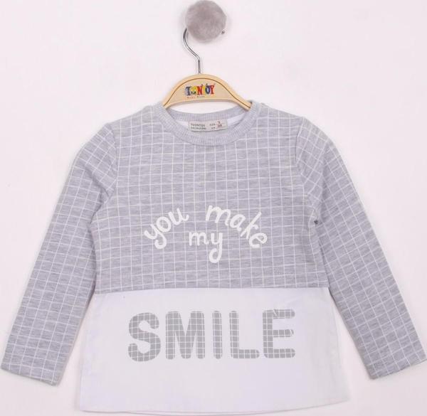 Toontoy Kız Çocuk Kareli Kumaşlı Smile Baskılı T-Shirt - Image 1