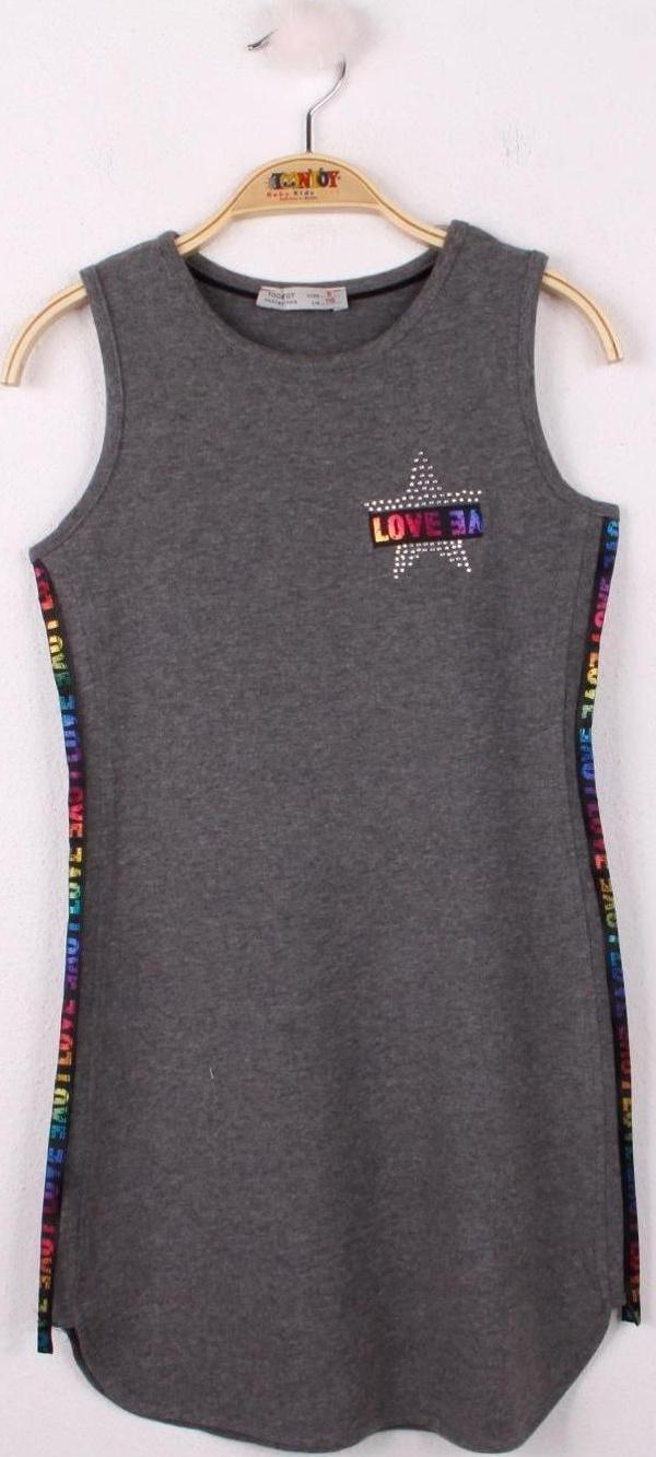 Toontoy Kız Çocuk Göğsü Yıldız Baskılı Sıfır Kol Elbise - Image 1