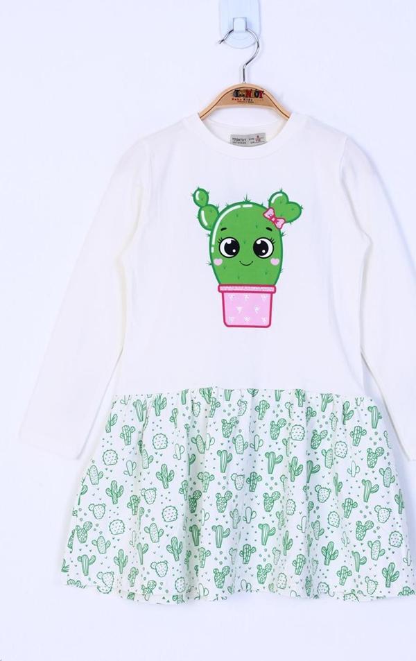 Toontoy Kız Çocuk Bisiklet Yaka Etek Volanlı Kaktüs Baskılı Elbise - Image 1