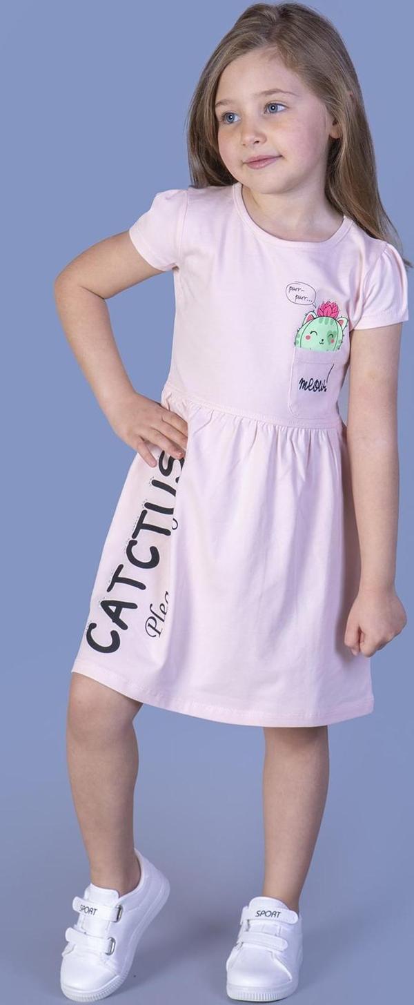 Toontoy Kız Çocuk Cebi Meow Nakışlı Taş İşlemeli Baskılı Elbise - Image 1