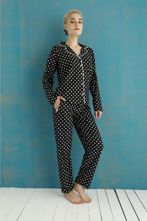 Pijamoni Kadın Süet Boydan Düğmeli Pijama Takımı - 5660-15 Siyah-L - Image 1